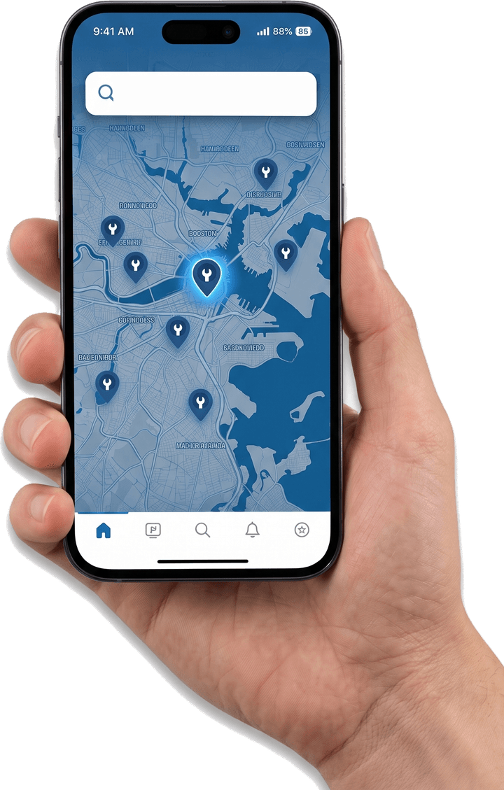 The Find Our Handyman app showing handyman pros mapped across the Greater Boston area